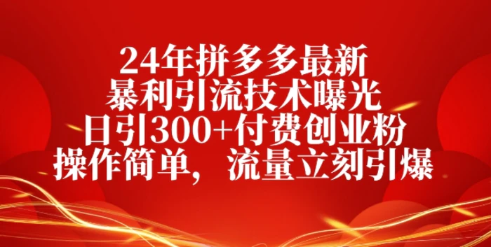 24年拼多多最新暴利引流技术曝光，日引300+付费创业粉，操作简单，流量立刻引爆