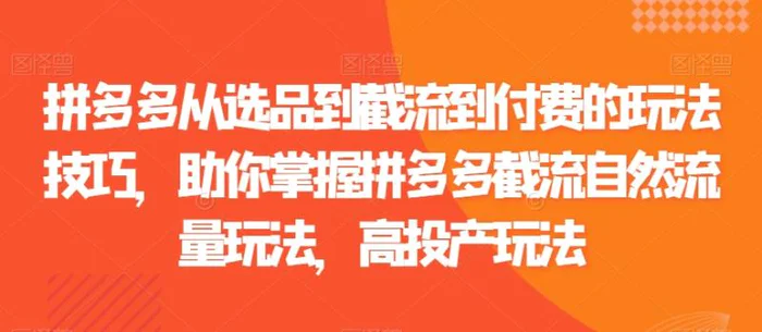 拼多多从选品到截流到付费的玩法技巧，助你掌握拼多多截流自然流量玩法，高投产玩法