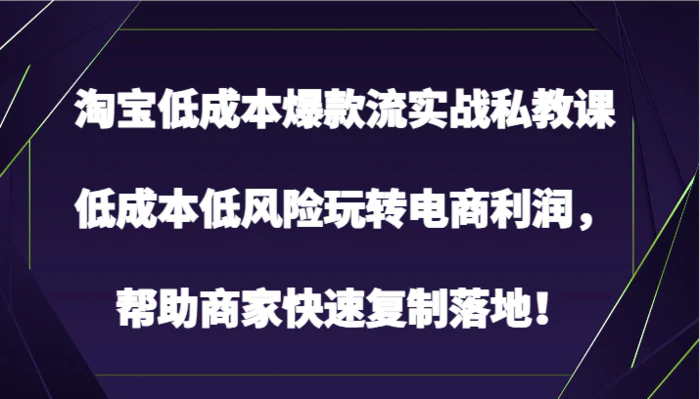 淘宝低成本爆款流实战私教课，低成本低风险玩转电商利润，帮助商家快速复制落地！