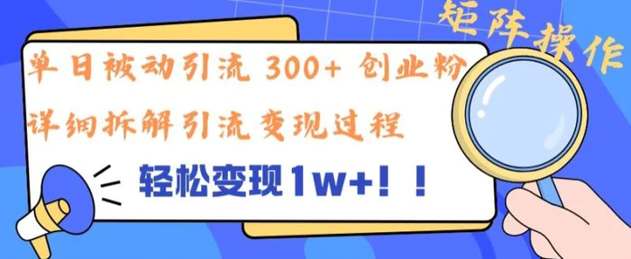 单日被动引流 300+ 创业粉，轻松变现1w+，矩阵操作详细拆解引流变现过程