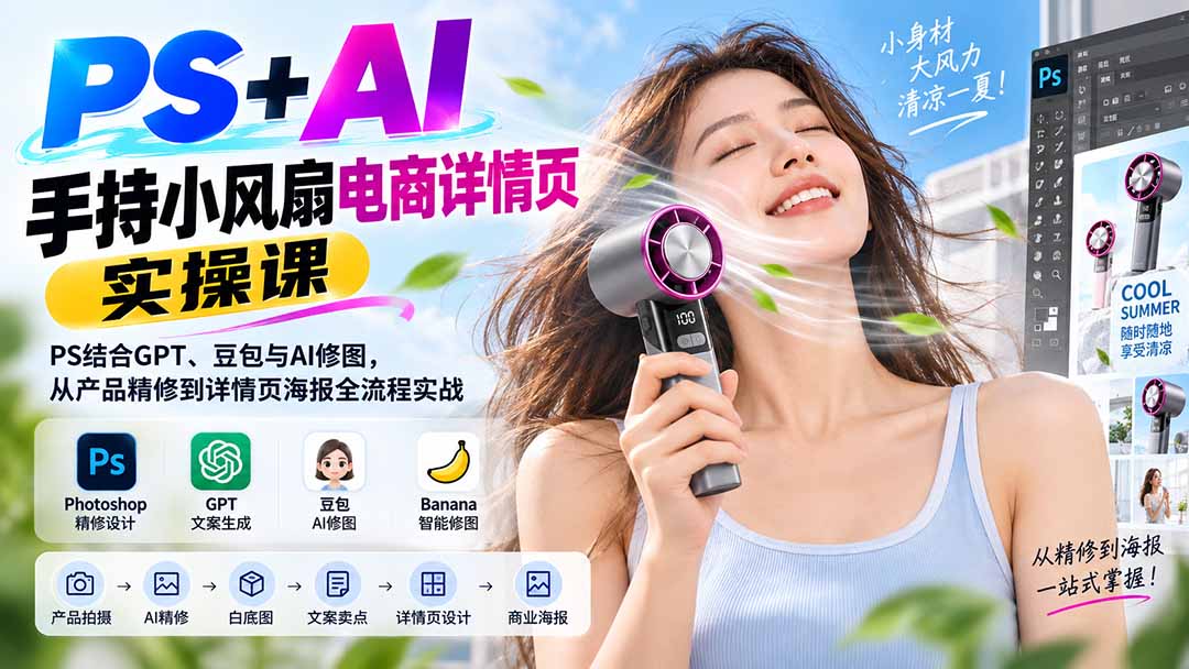 【2026.09.05】PS+AI手持小风扇电商实战课:从产品精修到详情页海报,玩转AI修图全流程-