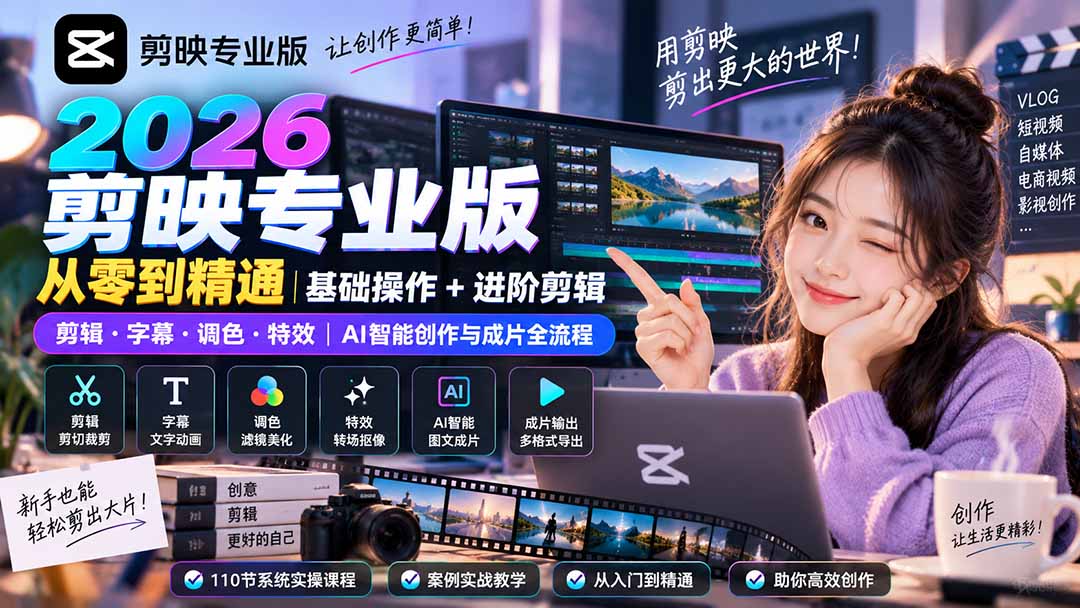 【2026.09.05】剪映专业版2026全攻略:零基础到剪辑高手,AI智能创作+调色特效一站式掌握-