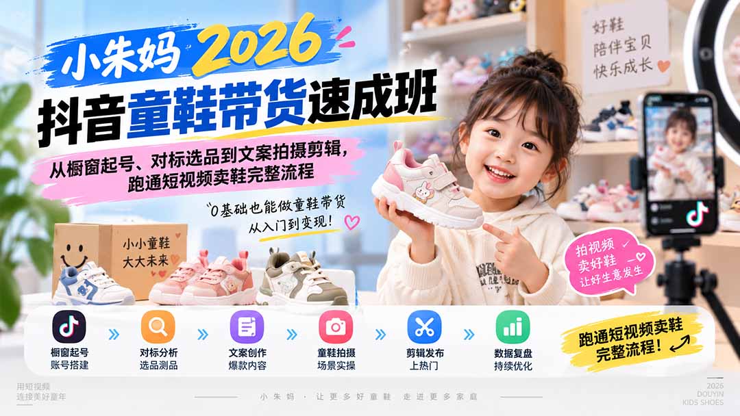 【2026.09.05】小朱妈2026童鞋带货全攻略:零基础玩转抖音橱窗,从选品到爆款视频一条龙跑通卖鞋闭环-