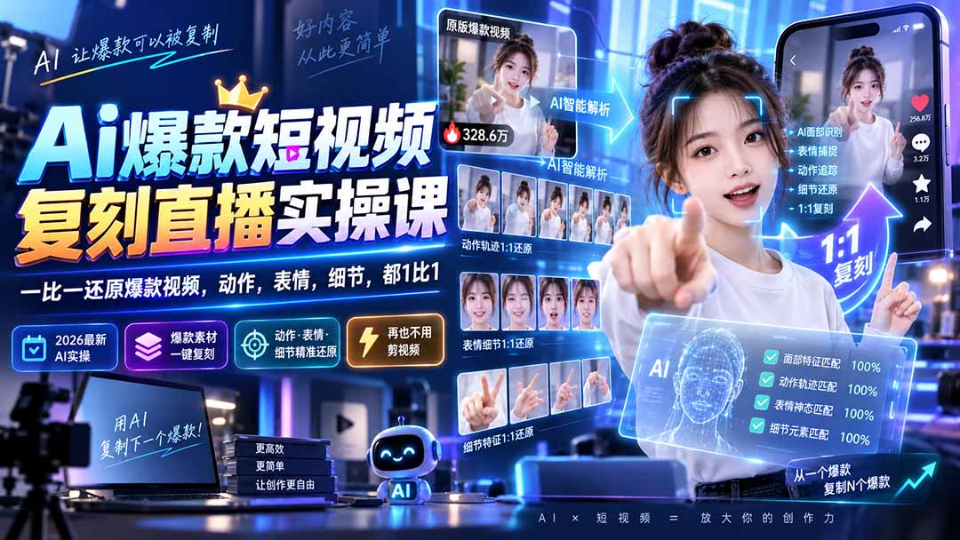 【2026.09.07】AI爆款短视频1:1复刻实操课：动作、表情、细节全还原，打造你的直播爆款！-