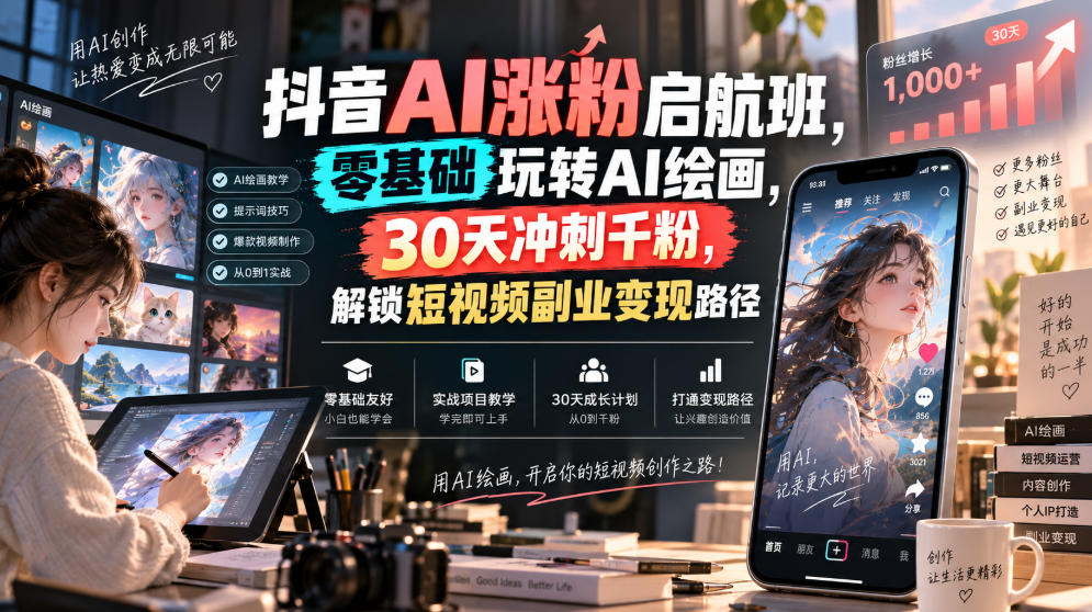 【2026.09.06】零基础玩转AI绘画,30天冲刺千粉,解锁短视频副业变现新路径-