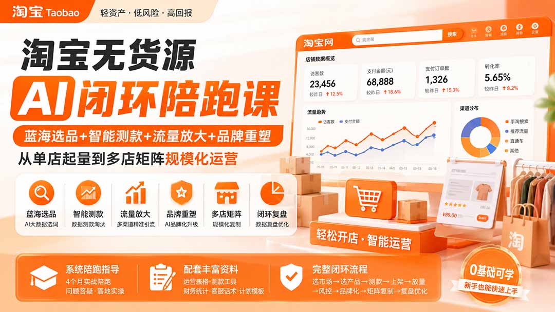 【2026.08.20】淘宝无货源AI全链路陪跑:蓝海选品×智能测款×流量爆发×品牌升级,单店破零到多店矩阵的规模化增长实战-