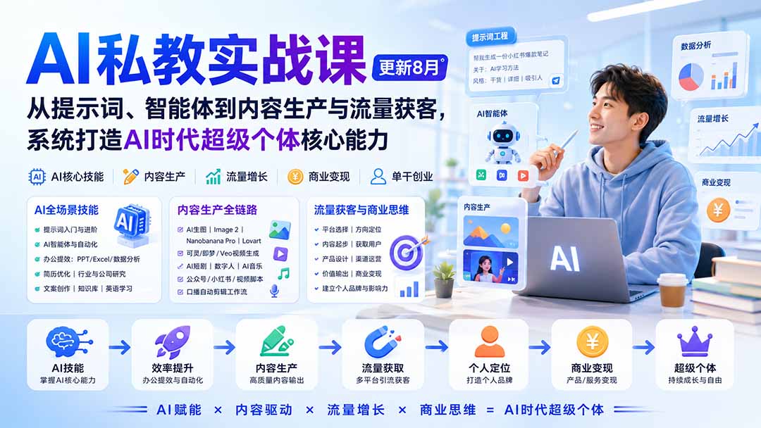 【2026.08.30】AI私教实战课8月新版:从提示词到智能体,全面解锁AI内容变现与获客,打造超级个体核心技能-
