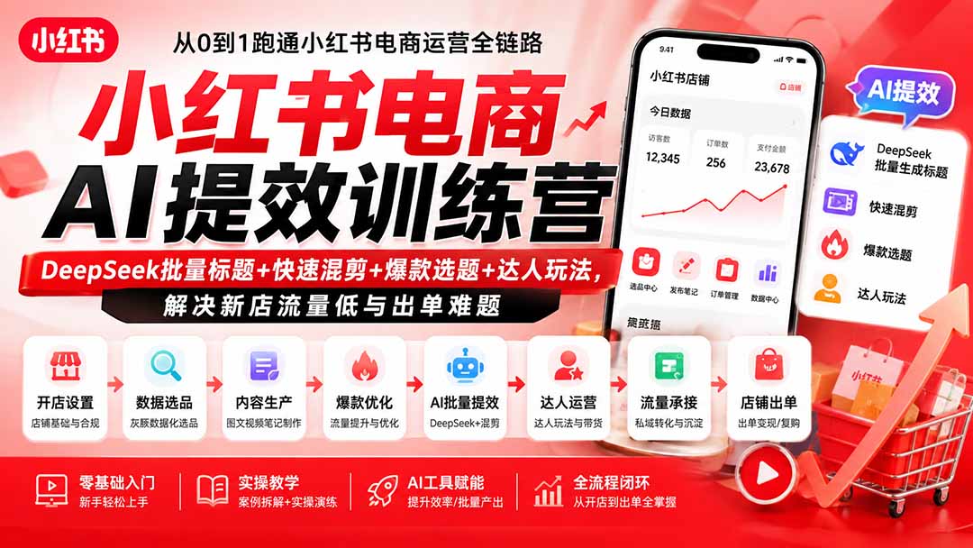 【2026.08.19】小红书开店没流量?AI一键搞定爆款标题+混剪,7天破零单实操玩法-