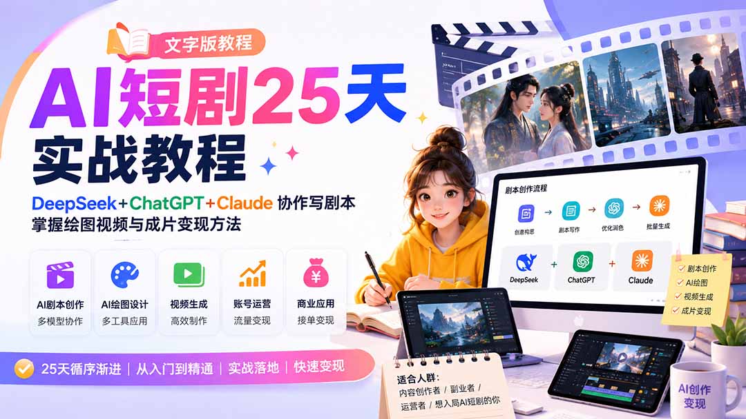 【2026.09.03】DeepSeek+ChatGPT+Claude三AI联创,25天短剧实战:从剧本到变现全流程拆解-