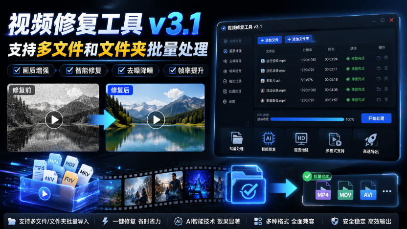 【2026.08.24】视频修复工具v3.1重磅升级：多文件与文件夹一键批量处理，效率翻倍！-
