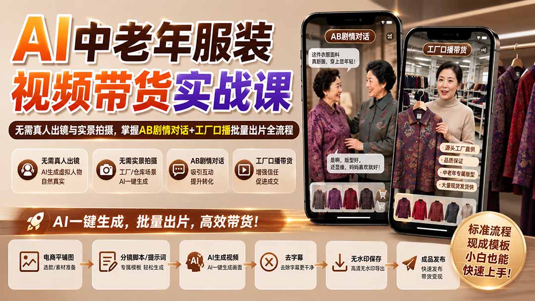 【2026.09.02】AI服装带货新玩法:中老年赛道AB剧情+工厂口播,零出镜批量产出爆款视频-
