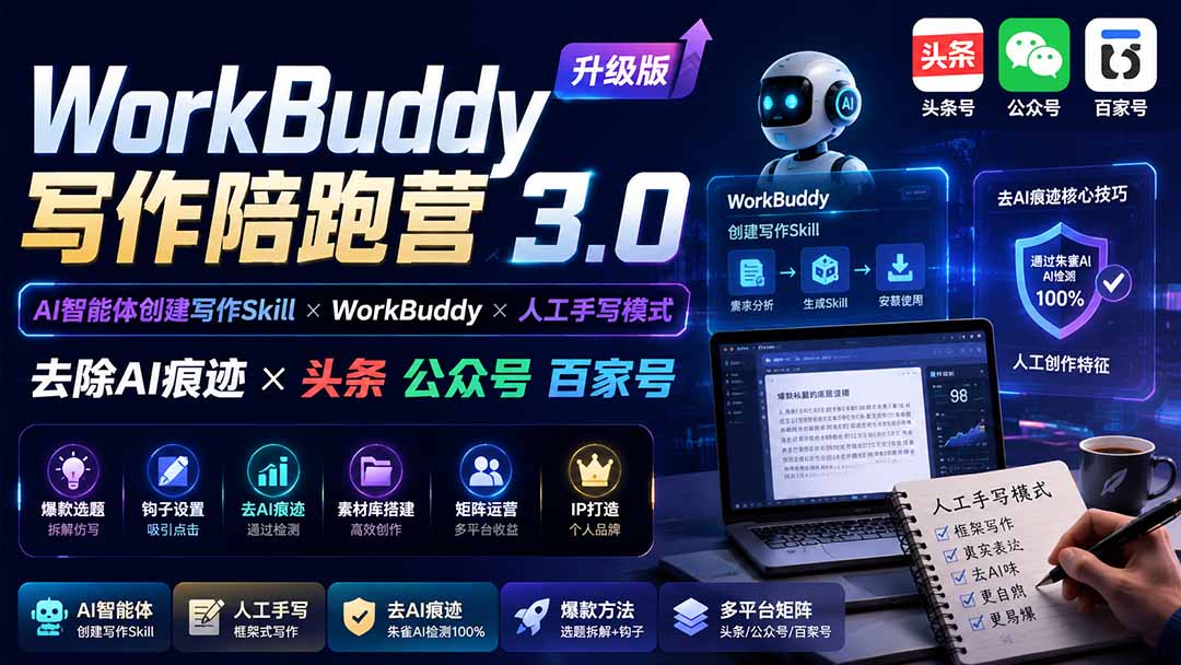 【2026.09.07】WorkBuddy写作陪跑营3.0:AI智能体+人工手写双引擎,一键去除AI痕迹,轻松玩转头条公众号百家号-