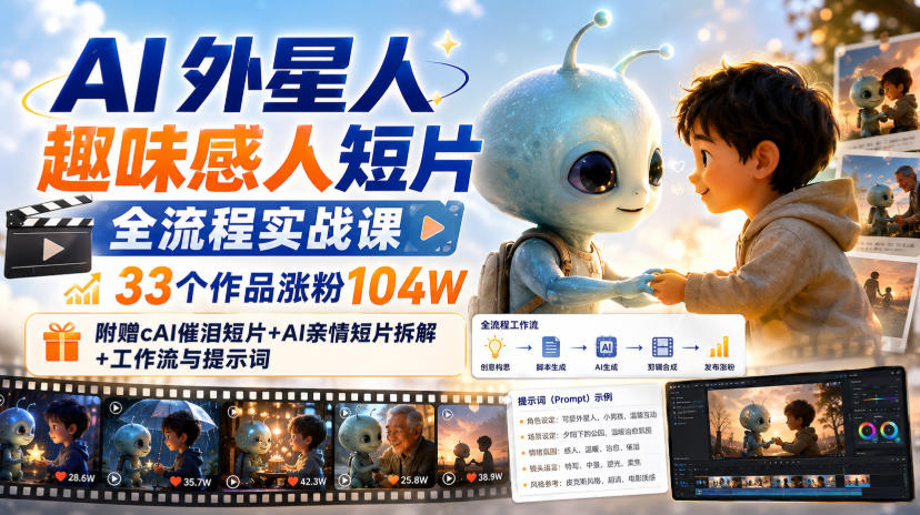 【2026.08.24】AI外星人温情短片全流程实操课:33个作品狂揽104W粉,附赠催泪短片拆解+核心工作流与提示词-