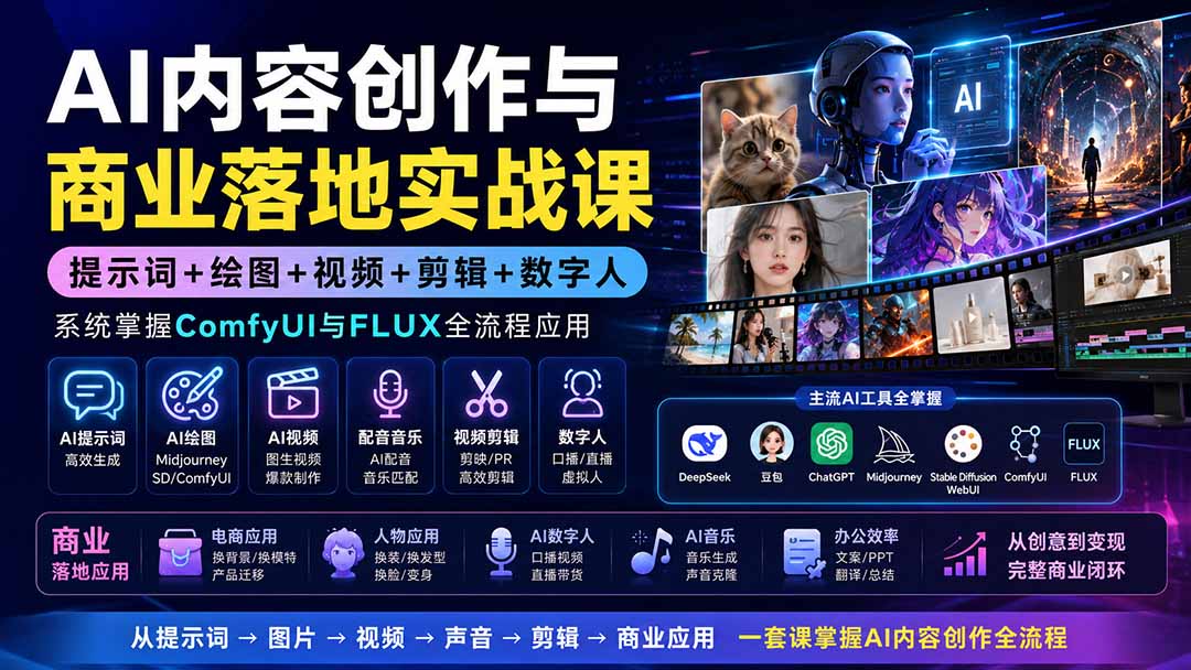 【2026.08.17】AI创作到商业变现全链路实战:提示词×绘图×视频×剪辑×数字人,一站式精通ComfyUI与FLUX应用-