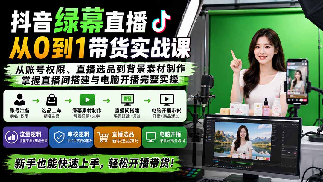 【2026.09.03】绿幕直播带货新手速成:账号权限、选品策略到背景素材,手把手教你搭建高转化直播间!-