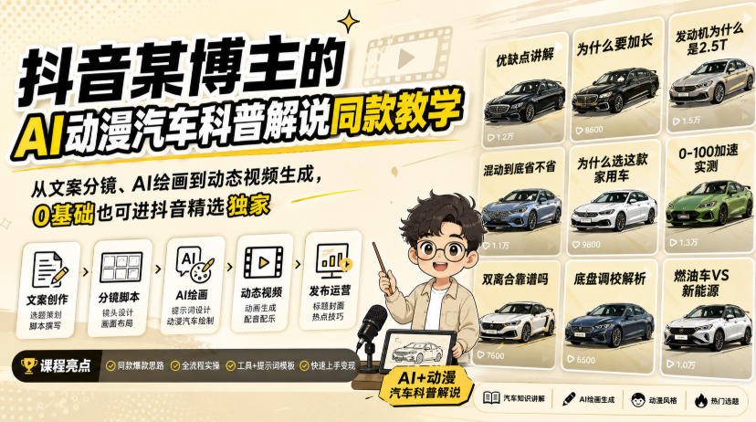 【2026.08.27】0基础玩转AI动漫汽车科普:从文案分镜到视频生成,解锁抖音独家收益秘籍-