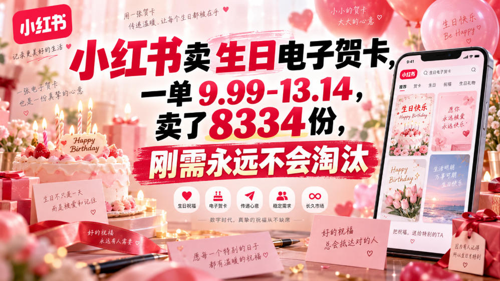 【2026.09.06】小红书卖电子生日贺卡,单价9.99-13.14元,狂销8334单:刚需生意永不过时-