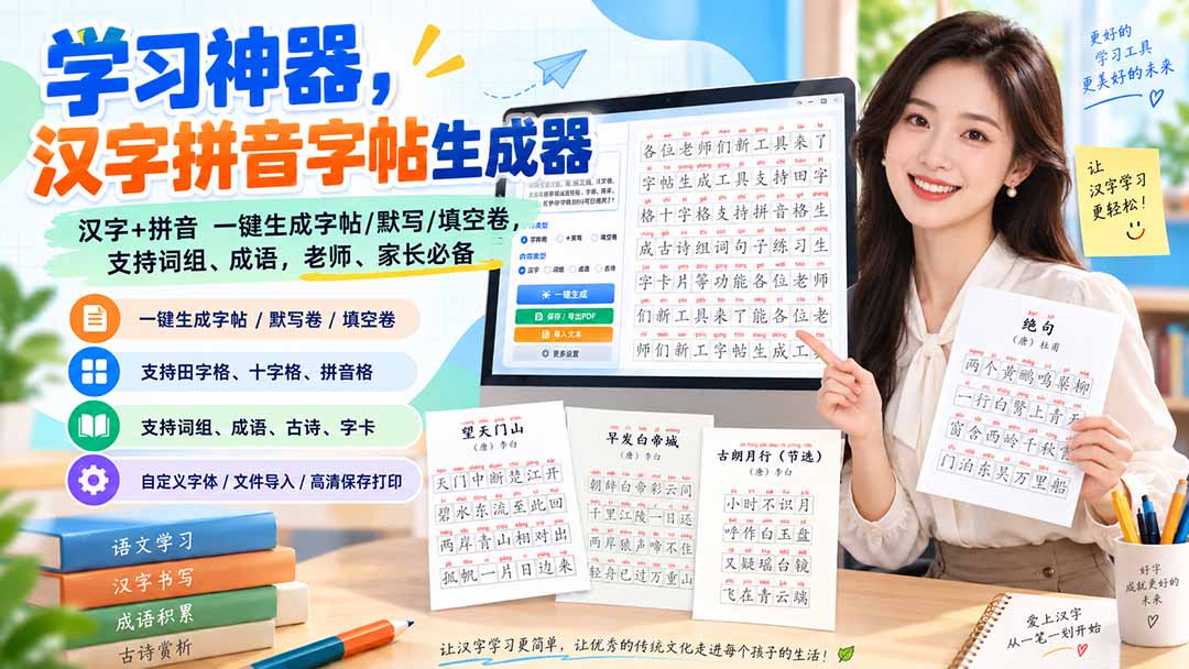 【2026.09.07】汉字拼音字帖生成器:一键生成字帖、默写卷、填空卷,支持词组与成语,老师家长必备的学习神器!-