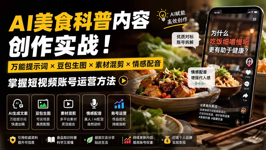 【2026.08.18】AI美食号从0到1:万能提示词×豆包生图×情感配音,手把手教你打造爆款短视频账号-