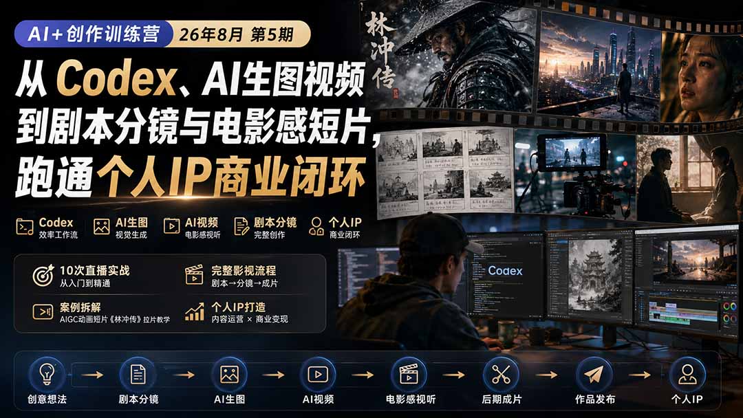 【2026.08.30】AI创作训练营第5期:从智能写作到电影级短片,一站式跑通个人IP变现全链路-