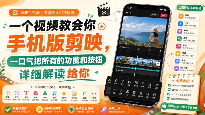 【2026.08.20】手机剪映全功能详解:一节课带你精通所有按钮与操作技巧-