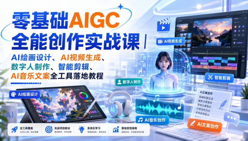 【2026.08.25】零基础玩转AIGC:AI绘画、视频、数字人、剪辑、音乐文案,全流程实战指南!-