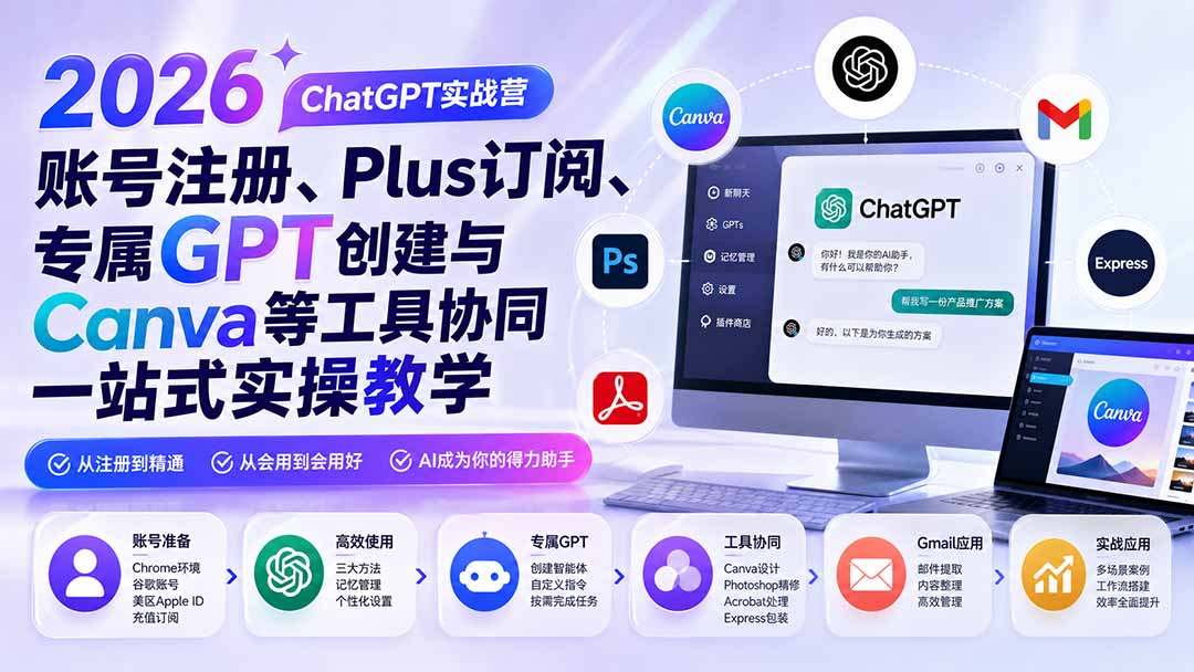 【2026.08.17】🚀2026 ChatGPT实战营|从账号注册到Plus订阅,手把手教你打造专属GPT,联动Canva等工具一站式搞定!-