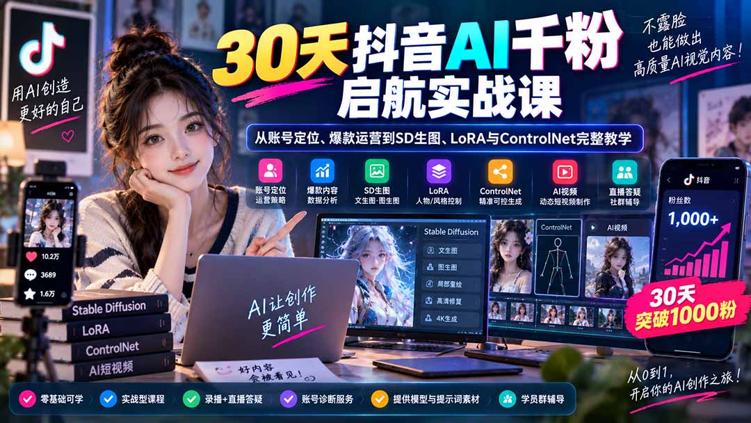 【2026.09.06】30天从0到千粉:抖音AI实战全攻略,定位爆款与SD生图一次搞定-