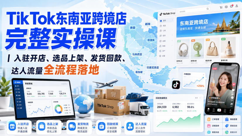【2026.08.25】TikTok东南亚跨境店从0到1全流程实操指南|入驻、选品、发货、回款、达人引流一网打尽-