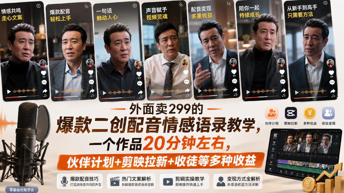 【2026.08.29】爆款二创配音情感语录教学，299元课程全拆解！一个作品20分钟，伙伴计划+剪映拉新+收徒，多路变现玩法揭秘-
