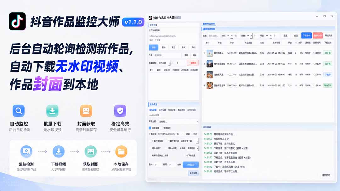 【2026.08.10】抖音作品监控大师v1.1.0:后台实时追踪新动态,一键自动抓取无水印视频与高清封面-