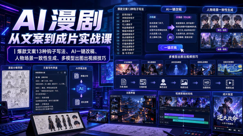 【2026.08.03】AI漫剧全流程实战:13种爆款钩子文案、AI一键改稿、角色场景统一生成、多模型出图出片技巧-