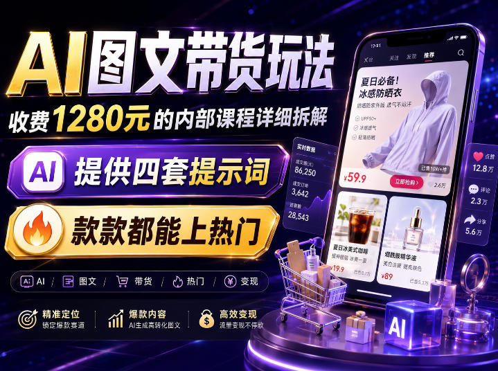 【2026.08.13】AI图文带货实战揭秘:1280元内部课程核心玩法全解析,零基础也能快速上手赚收益!-