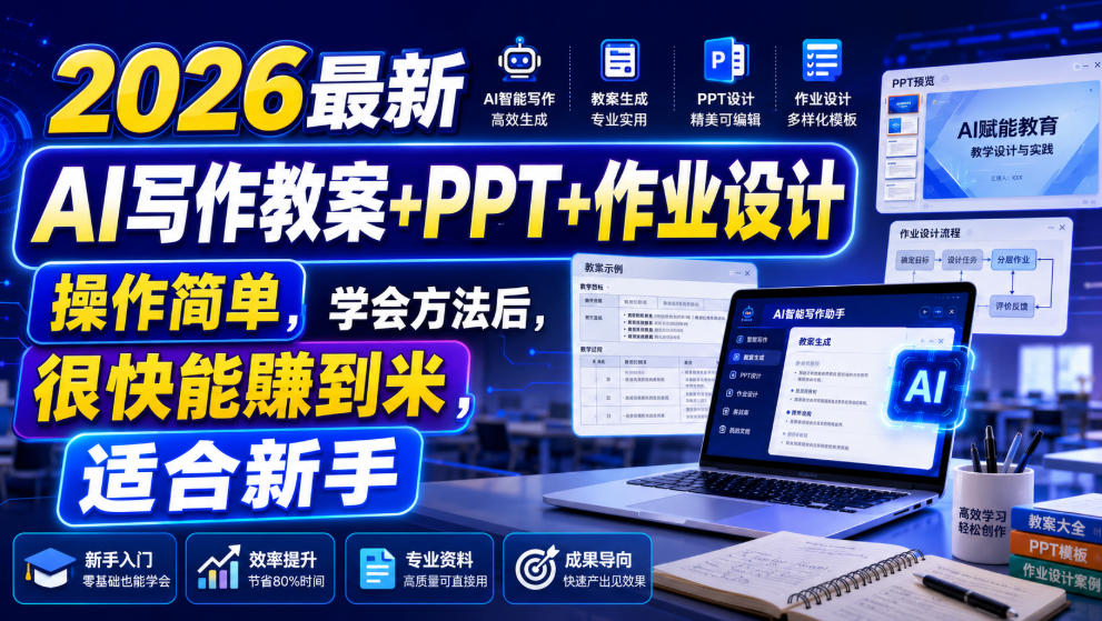 【2026.07.26】2026最新AI写作教案+PPT+作业设计,简单易学,新手也能快速上手赚钱-
