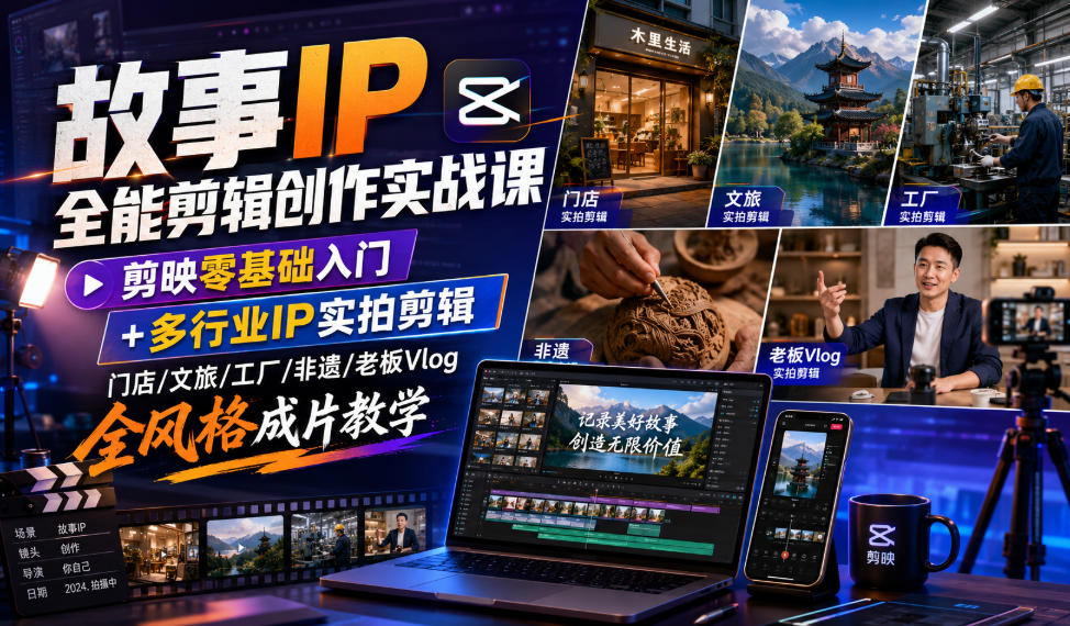 【2026.07.26】剪映零基础也能玩转故事IP！多行业实拍剪辑实战课，门店/文旅/工厂/非遗/老板Vlog全风格成片速成-