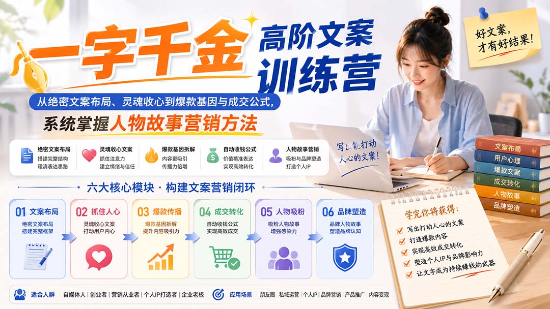 【2026.08.29】爆款文案实战训练营:从灵魂收心到成交公式,掌握人物故事营销的底层逻辑-