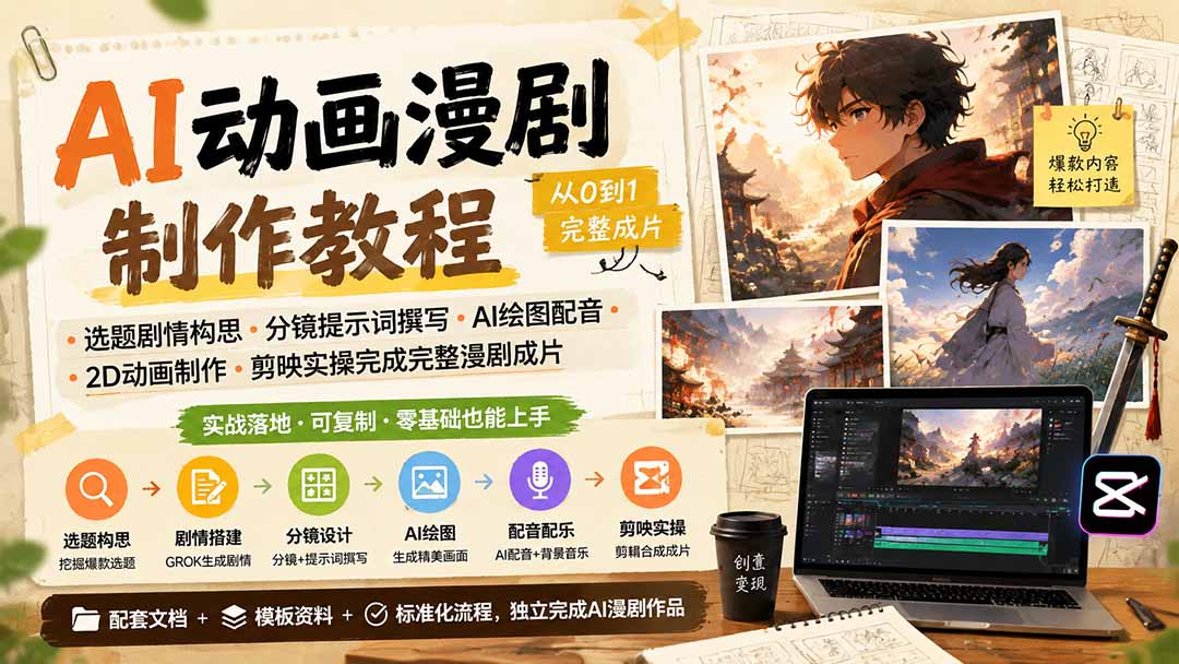 【2026.08.09】AI漫剧全流程制作指南：从选题构思、分镜脚本到AI绘图配音，再到剪映实操，手把手教你打造完整2D动画成片-