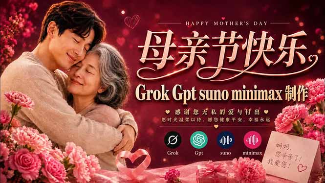 【2026.05.14】手把手做出感人母亲节AI短片|Grok+GPT+Suno+Minimax,零基础也能做“妈妈我爱你”MV-