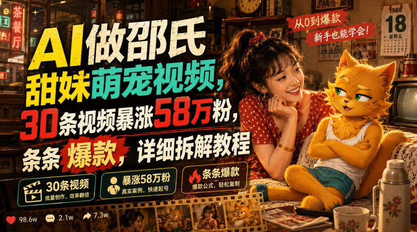 【2026.07.12】AI打造邵氏甜妹萌宠视频：30条视频狂揽58万粉，每一条都成爆款，手把手拆解教程-