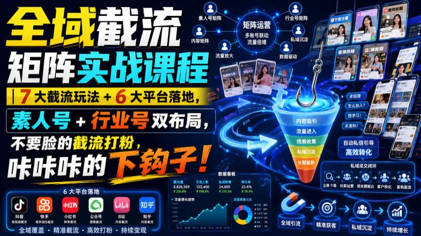 【2026.07.29】🔥全域截流矩阵实战：7大截流玩法+6大平台落地，素人号与行业号双线布局，零门槛打粉秘籍，钩子一甩就爆单！-