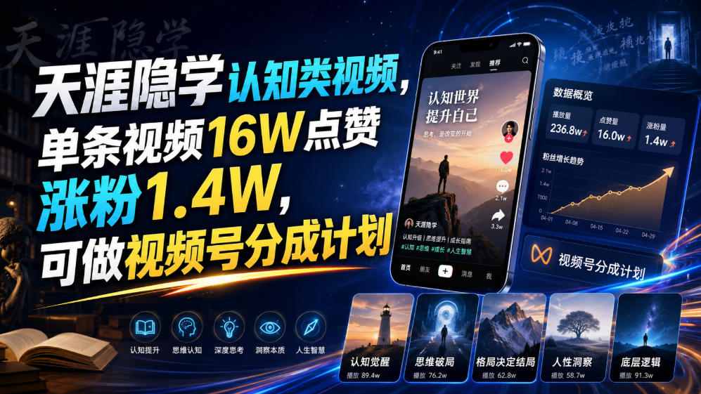 【2026.07.30】揭秘天涯隐学：单条视频16万点赞、涨粉1.4万，视频号分成计划新机遇-