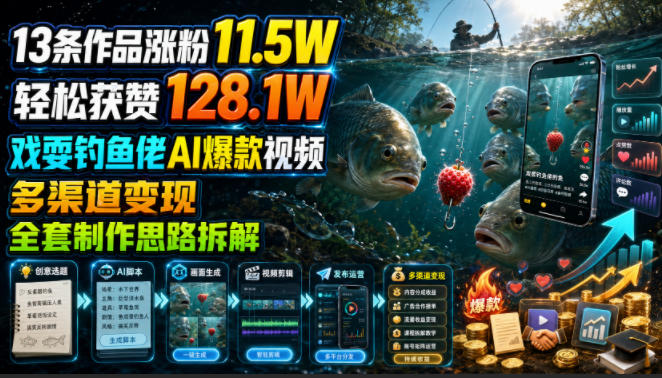 【2026.07.16】13个视频涨粉11.5万，获赞128万！戏耍钓鱼佬的AI爆款视频，多平台变现秘籍全拆解-