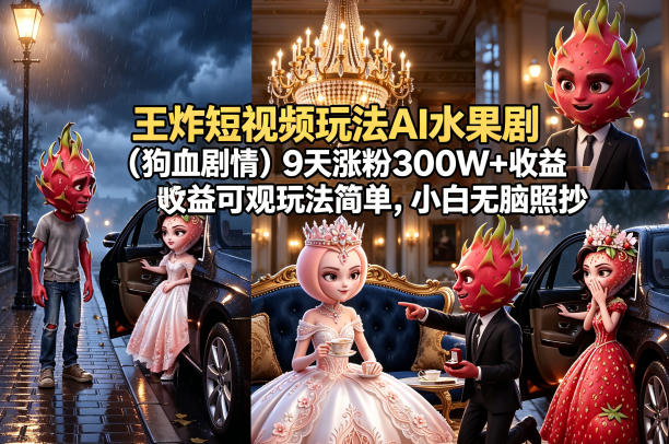 【2026.05.06】1. 爆款短视频新风口！AI水果剧（狗血剧情）9天狂揽300W粉丝，收益惊人，操作零难度，小白也能轻松复制，全流程拆解！  
2. 零基础也能玩转！AI水果剧（狗血剧情）9天涨粉300W+，收益超乎想象，简单粗暴，小白直接照搬，详细教程来了！  
3. 9天涨粉300W的秘密！AI水果剧-
