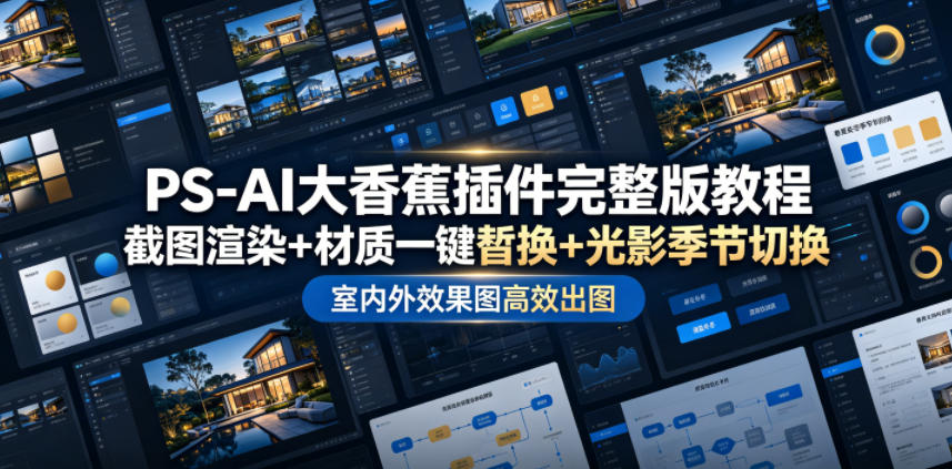 【2026.06.26】PS-AI大香蕉插件完整版教学：截图渲染+材质一键替换+光影季节切换，室内外效果图高效出图高阶课程-