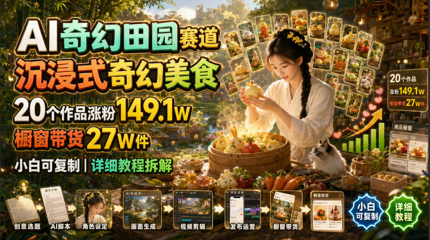【2026.07.18】AI奇幻田园风：沉浸式美食创作，20个作品涨粉149万，橱窗带货27万件，新手也能轻松复制的详细教程-