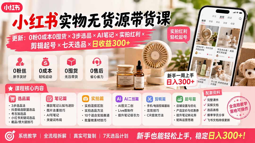 【2026.08.12】0粉0成本0囤货,小红书实物带货3步选品+AI笔记+实拍红利,7天日入300+-