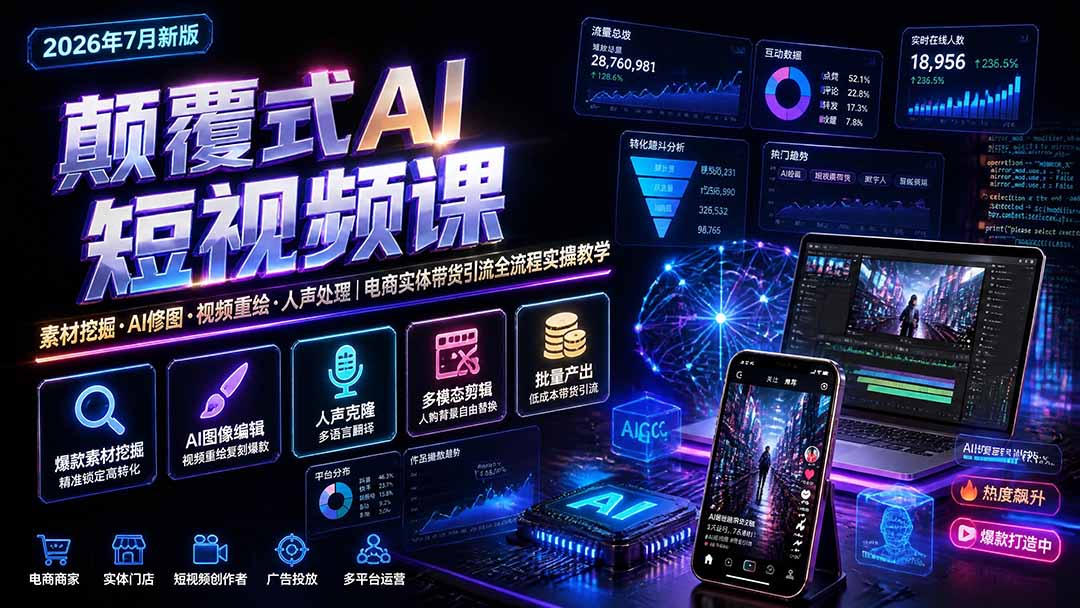 【2026.07.31】AI短视频全流程实操课：素材挖掘+智能修图+视频重绘+人声处理，电商带货引流一网打尽！-