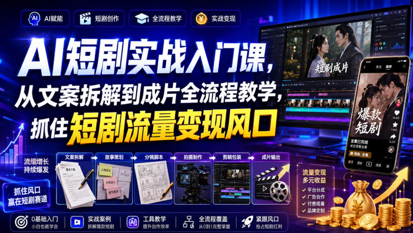 【2026.08.07】短剧掘金实操课：零基础拆解爆款文案，全流程制作到变现一网打尽-