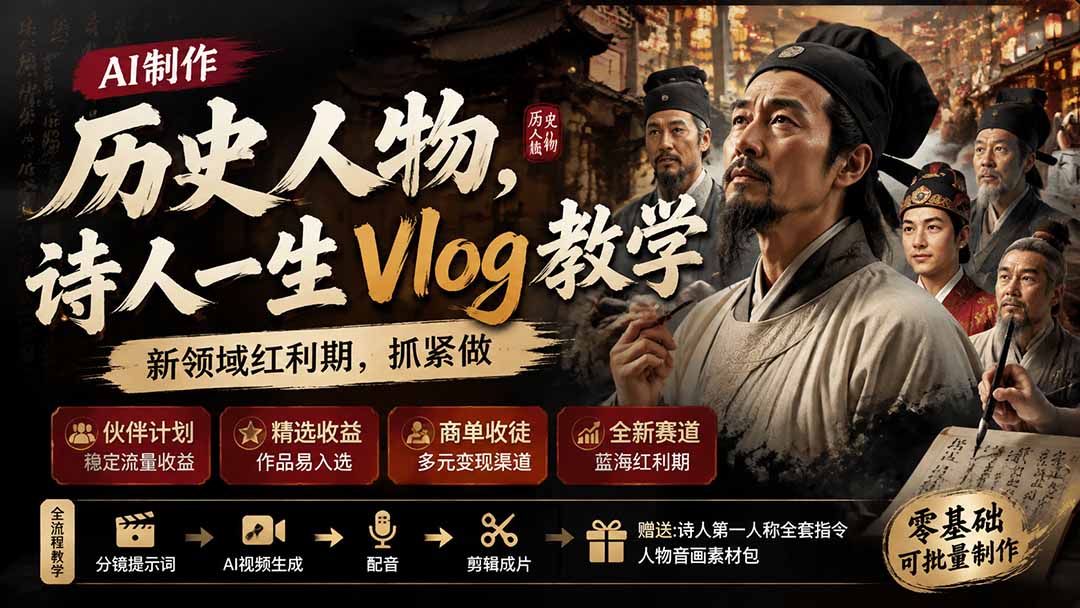 【2026.08.07】历史人物诗人一生Vlog教程,AI创作新风口,商单变现红利期,速来抢占先机!-