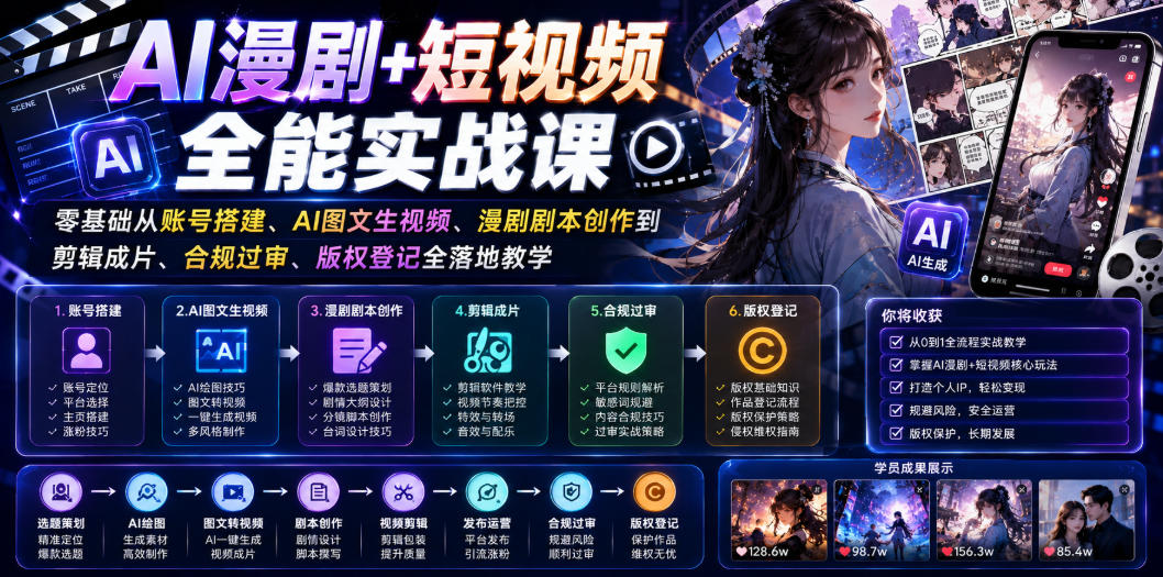 【2026.06.30】AI漫剧与短视频全能实战：零基础掌握账号搭建、AI图文生视频、漫剧剧本创作到剪辑成片、合规过审、版权登记全流程落地教学-